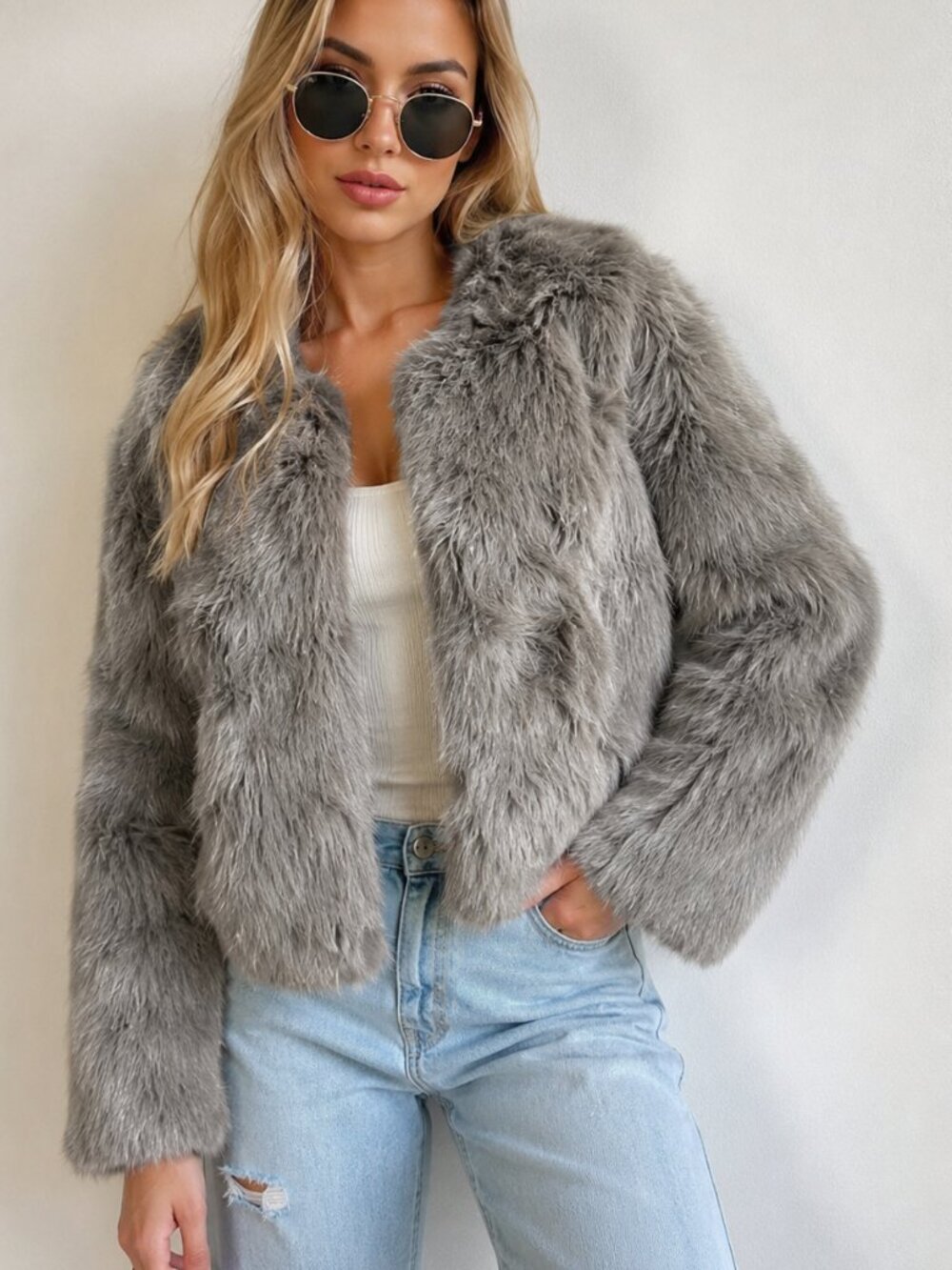 Women's Gray Faux Fur Jacket Soft Plush Cropped Coat Women's Winter Luxury Glam